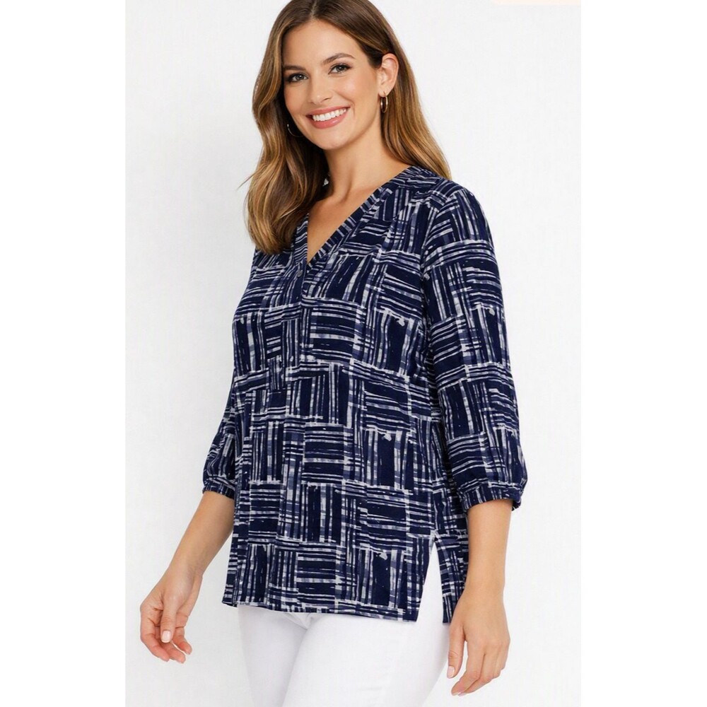 ESY Studio EY Women Linen Blend Geometric Blouse L Navy Tunic 3/4 Sleeve Y2K
